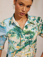 Santorini Scenic Satin Midi Shirt Dress in Sky Blue by Aurelia Sun