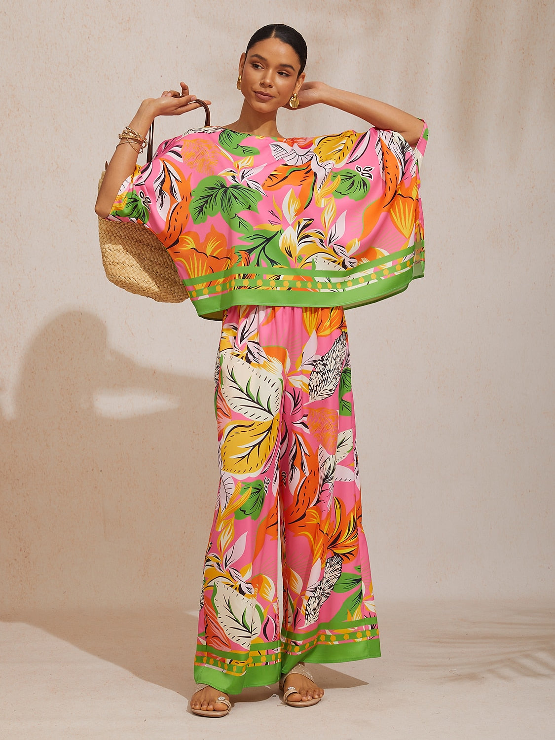 Hibiscus Satin Wide-Leg Pants in Hot Pink by Aurelia Sun