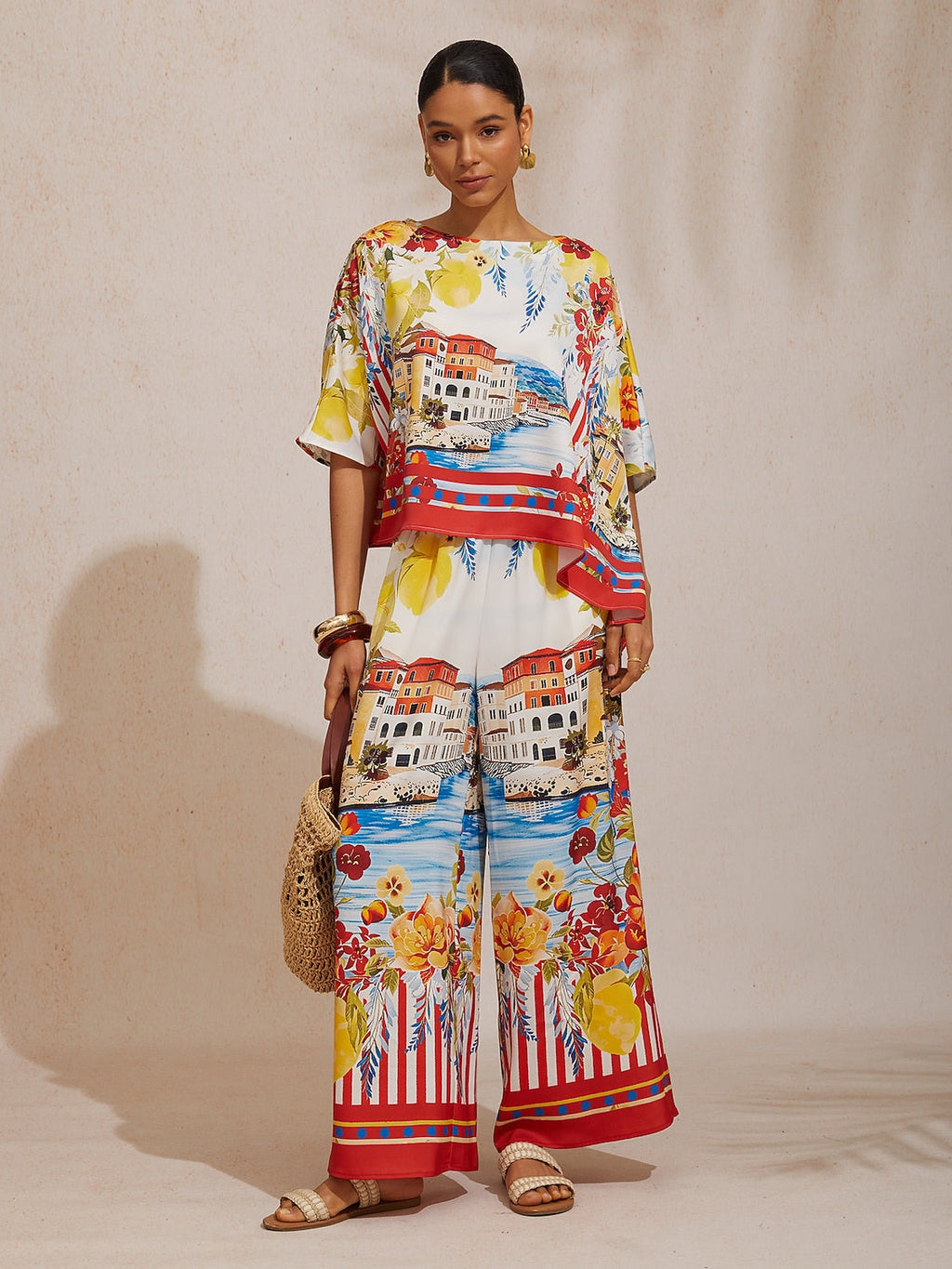 Hibiscus Satin Wide-Leg Pants in Oriental Blue by Aurelia Sun