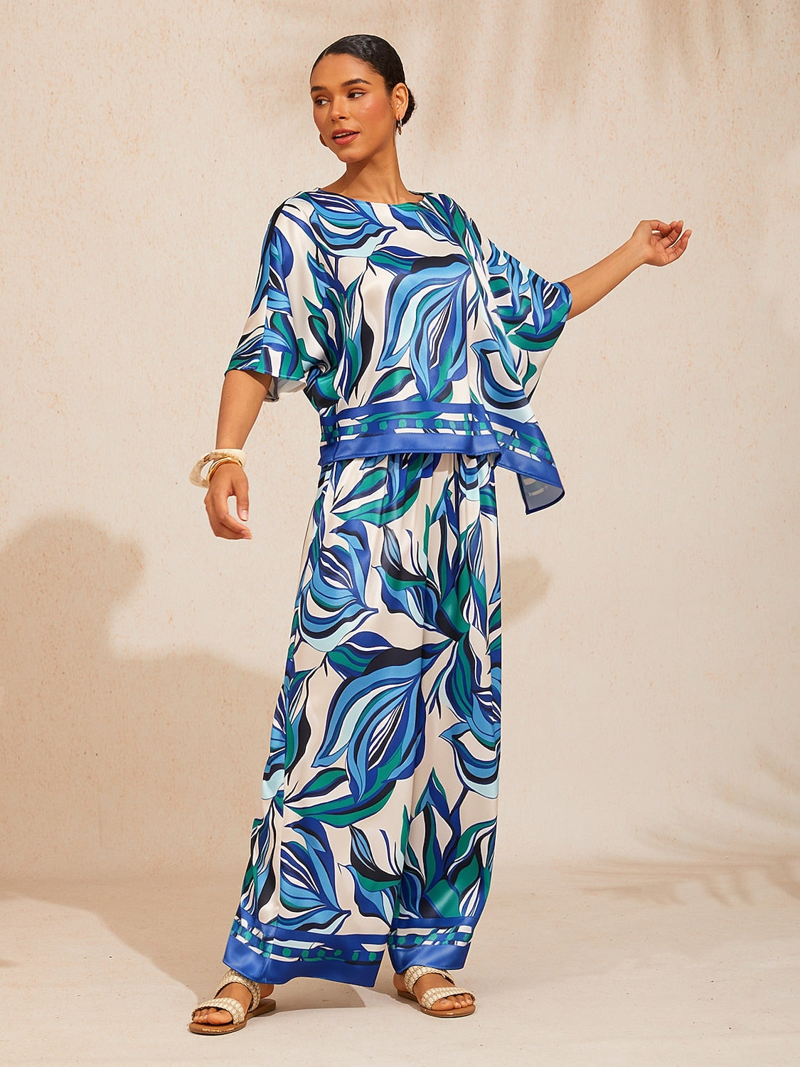 Bell Flower Satin Wide-Leg Pants in Oriental Blue by Aurelia Sun