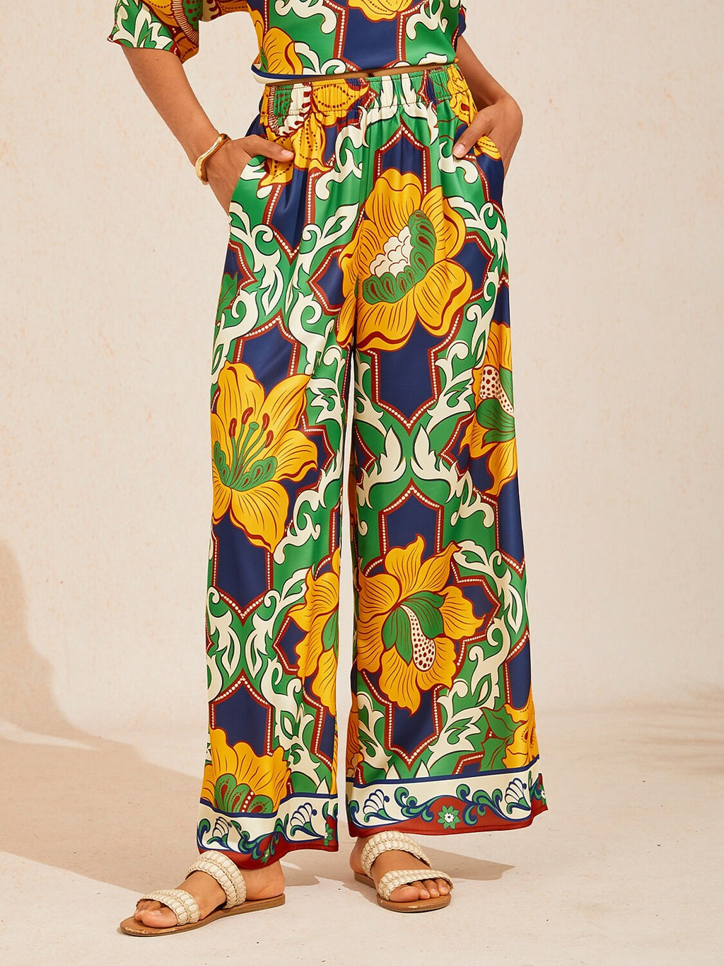 Hibiscus Satin Wide-Leg Pants in Light Green by Aurelia Sun