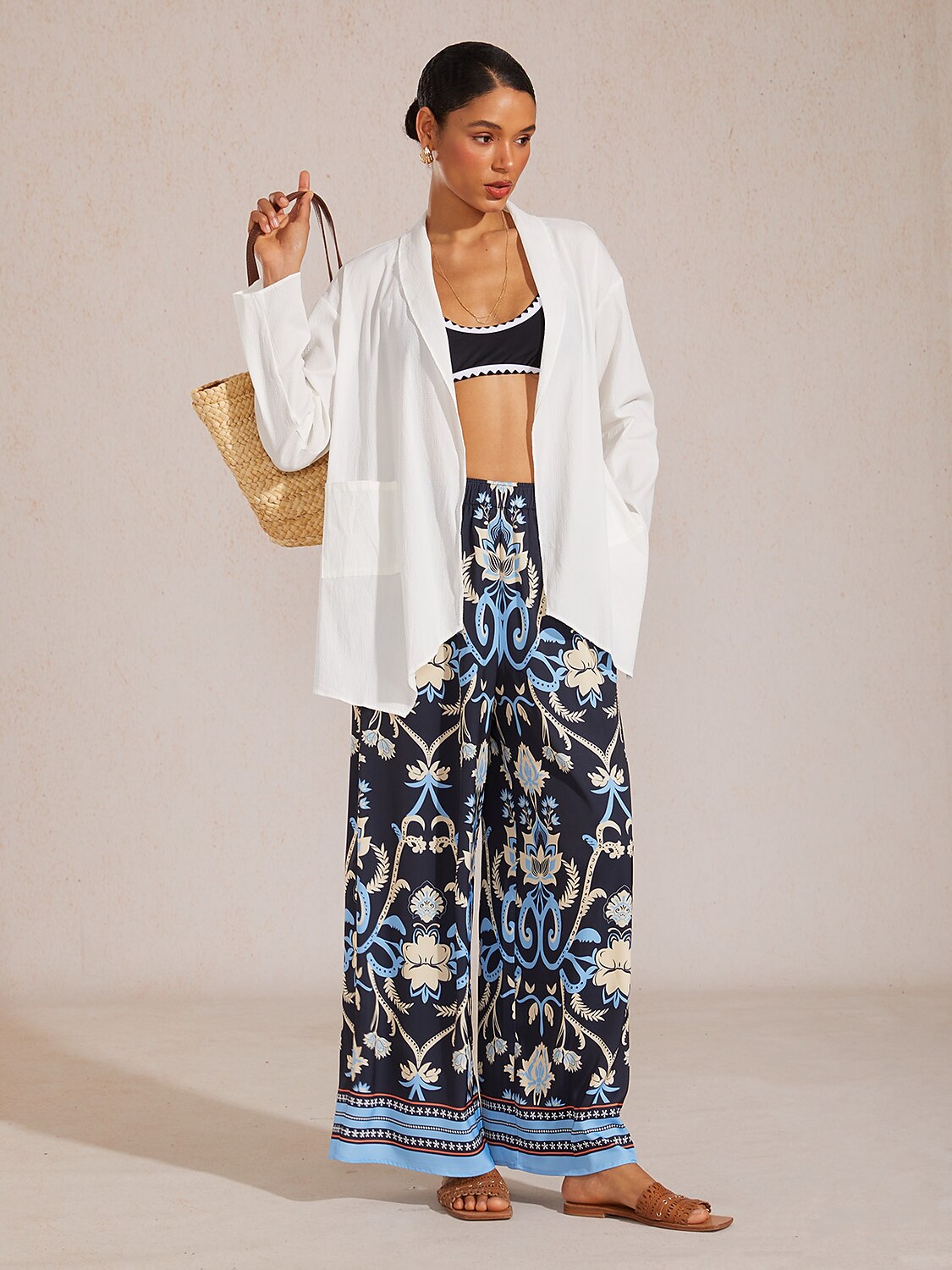Bell Flower Satin Wide-Leg Pants in Whispy Blue by Aurelia Sun