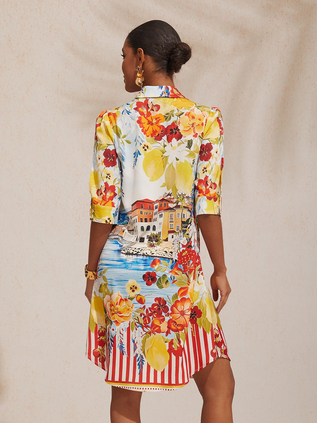 Santorini Scenic Satin Midi Shirt Dress in Lemon Yellow by Aurelia Sun