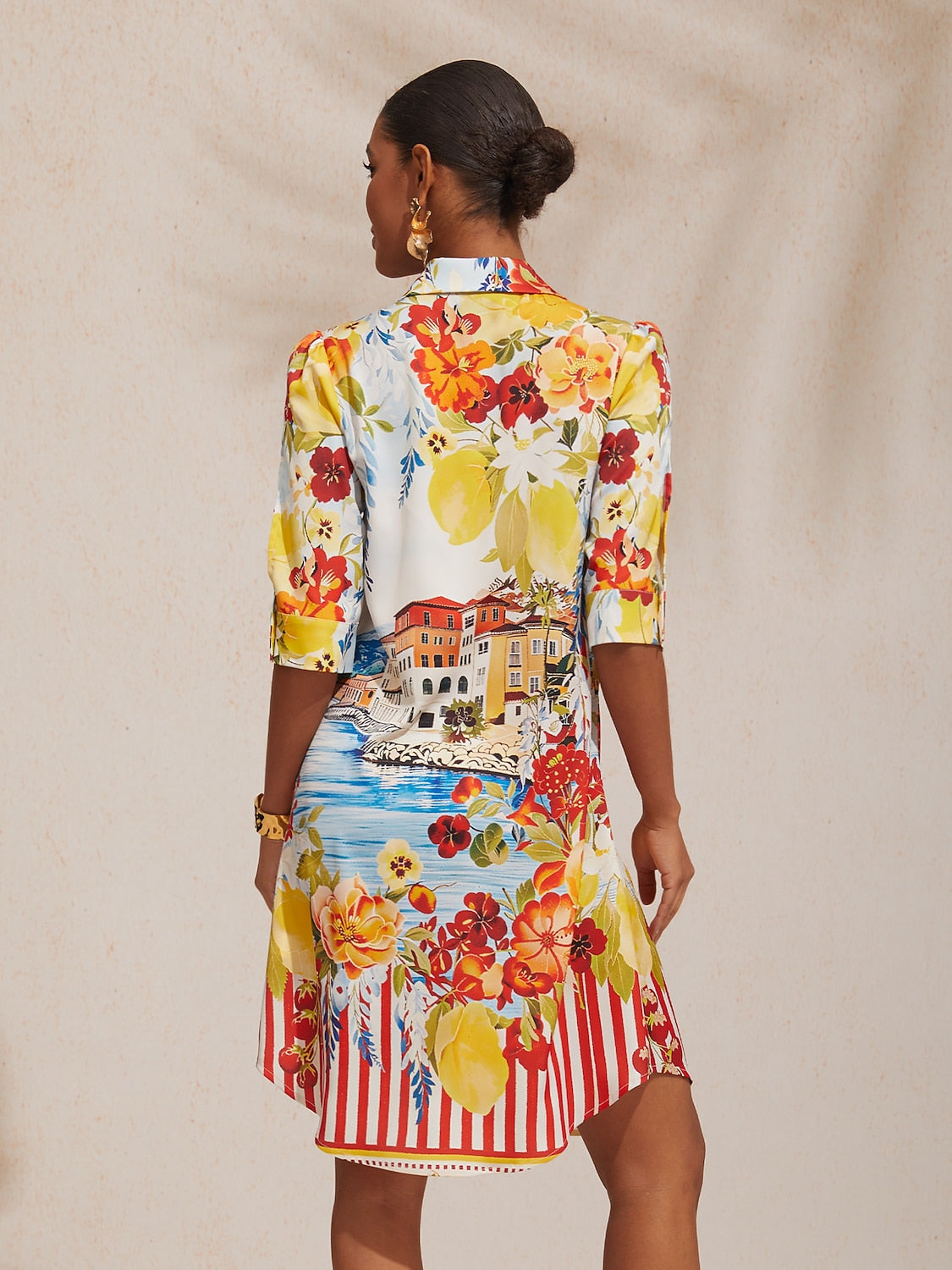 Santorini Scenic Satin Midi Shirt Dress in Lemon Yellow by Aurelia Sun