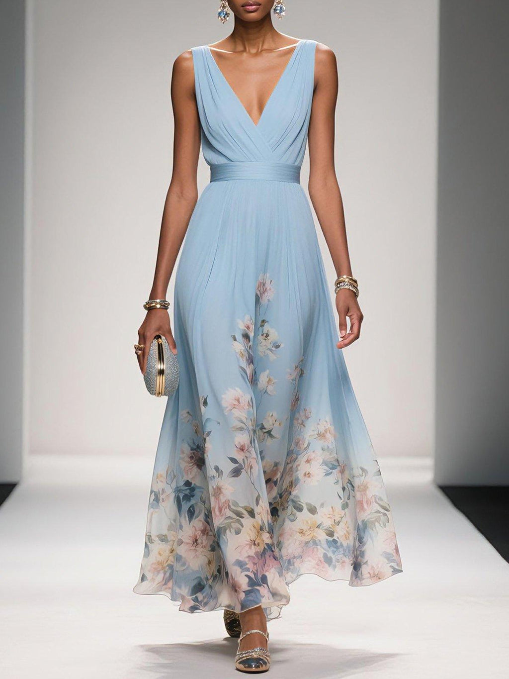 Unaanthe Floral V-Neck Maxi Dress in Light Blue by Aurelia Sun