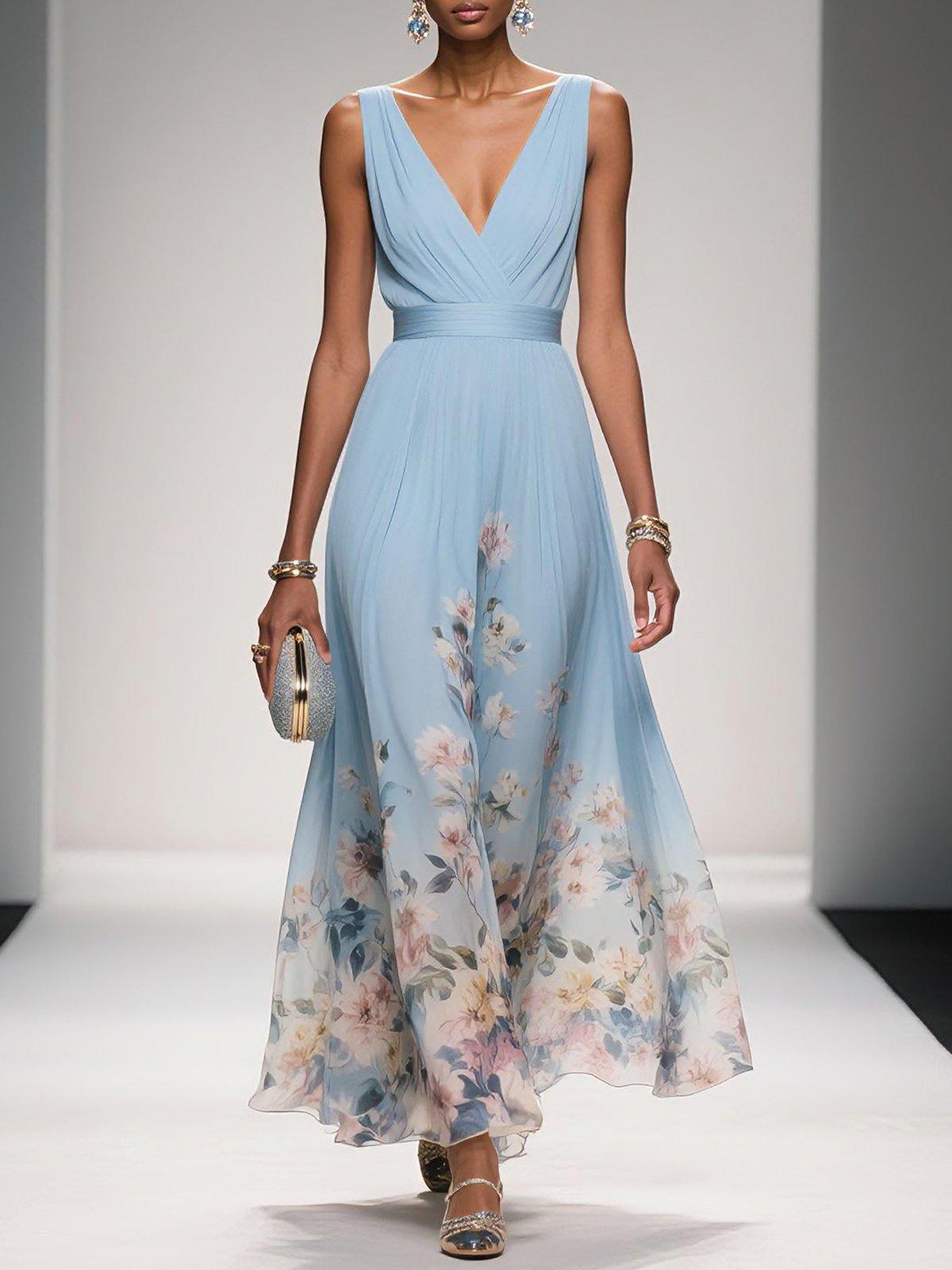 Unaanthe Floral V-Neck Maxi Dress in Light Blue by Aurelia Sun