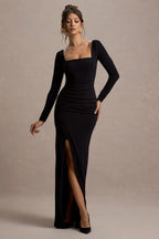 Celeste Ruched Square-Neck Maxi Dress – Black
