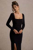 Celeste Ruched Square-Neck Maxi Dress – Black
