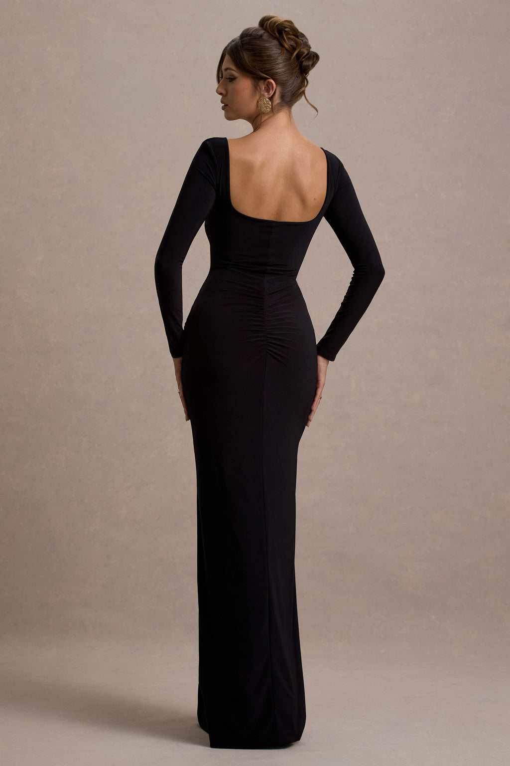 Celeste Ruched Square-Neck Maxi Dress – Black