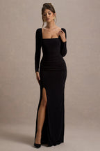 Celeste Ruched Square-Neck Maxi Dress – Black