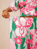Bell Flower Satin Wide-Leg Pants in Hot Pink by Aurelia Sun