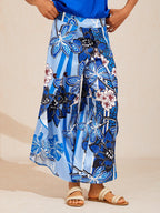 Hawaii Palm Satin Wrap Wide-Leg Pants in Dark Green by Aurelia Sun