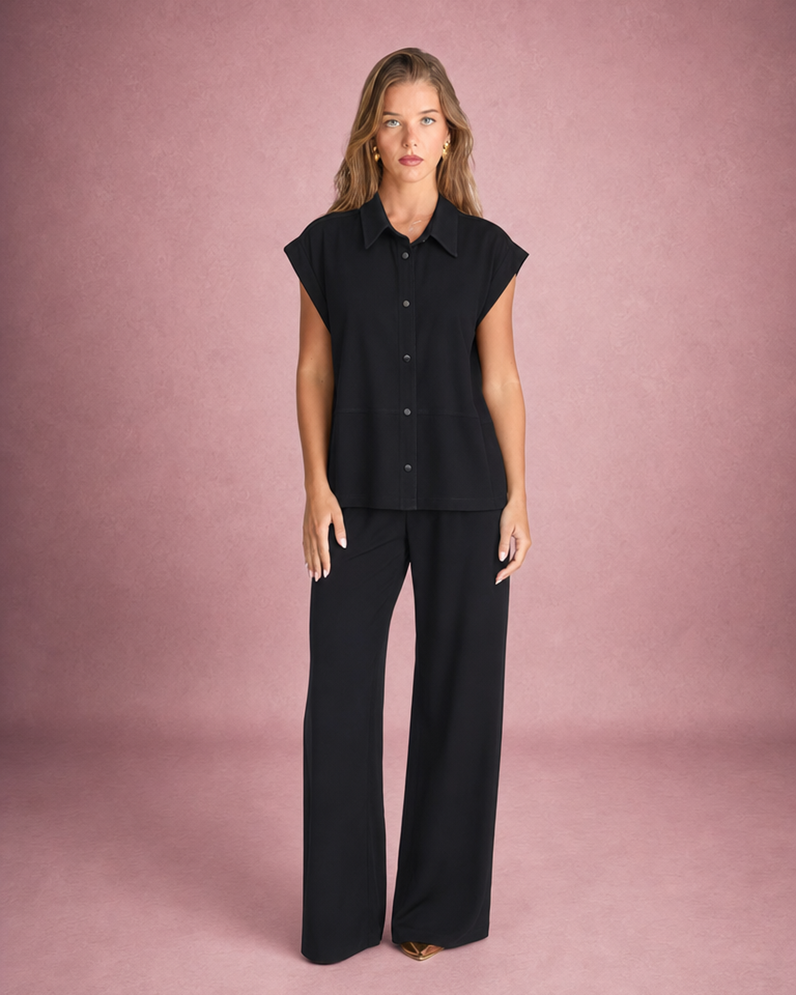 Flutter-Sleeve Shirt & Wide-Leg Trouser Separates