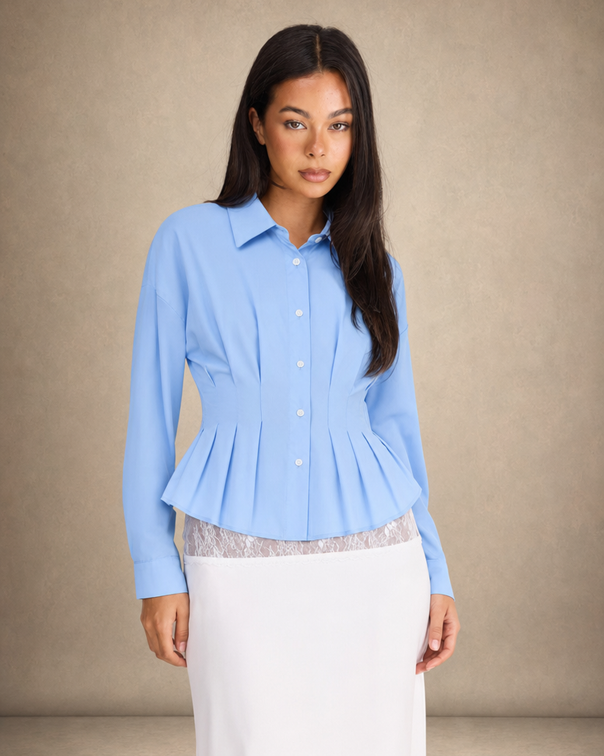 Pleated Peplum Button-Up Top