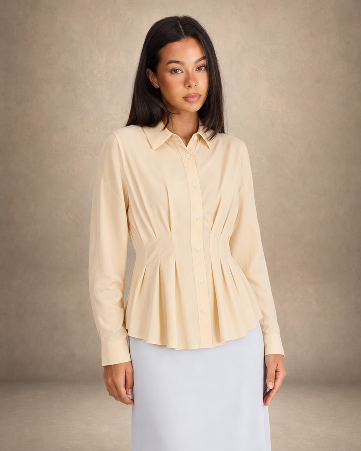 Pleated Peplum Button-Up Top