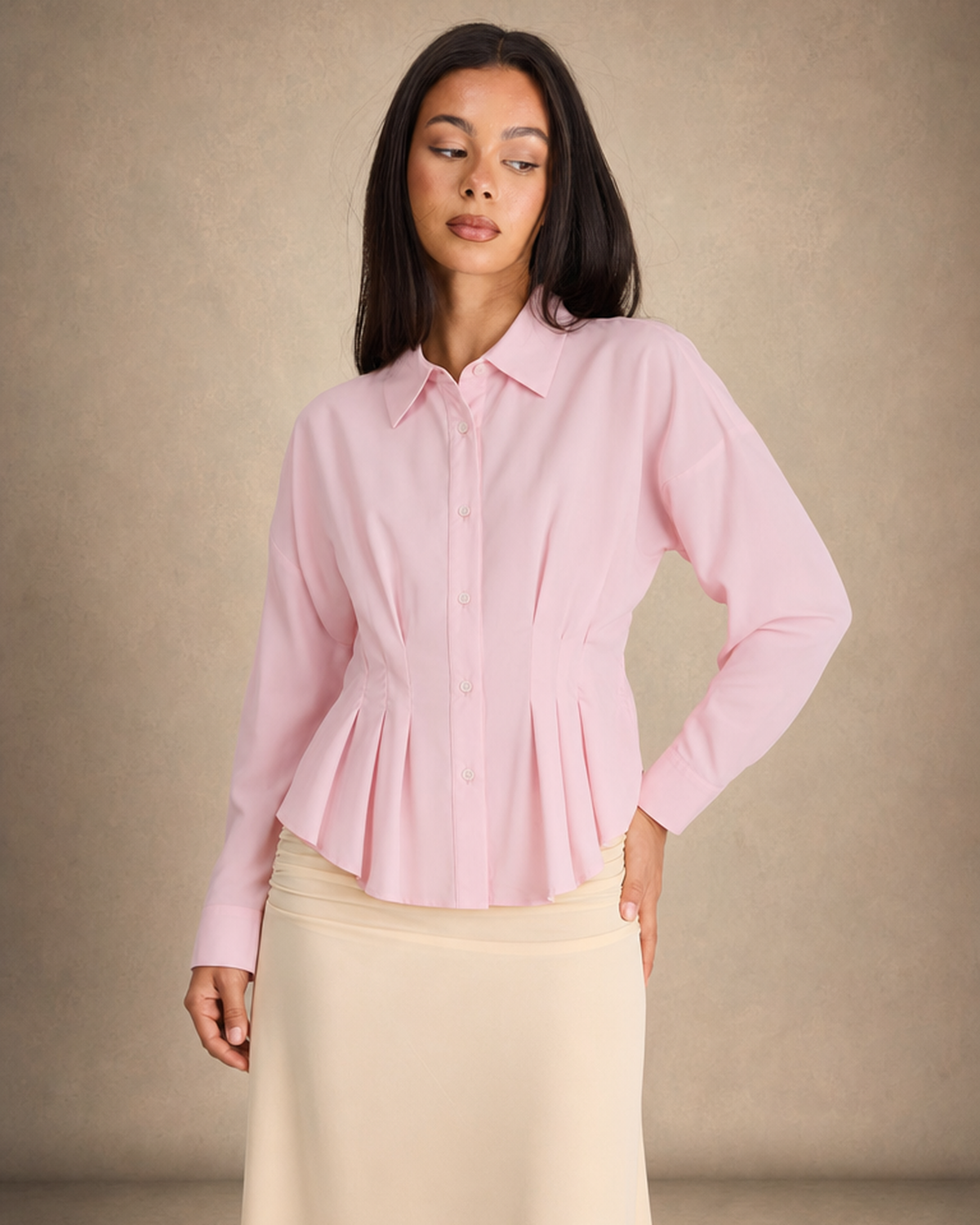 Pleated Peplum Button-Up Top