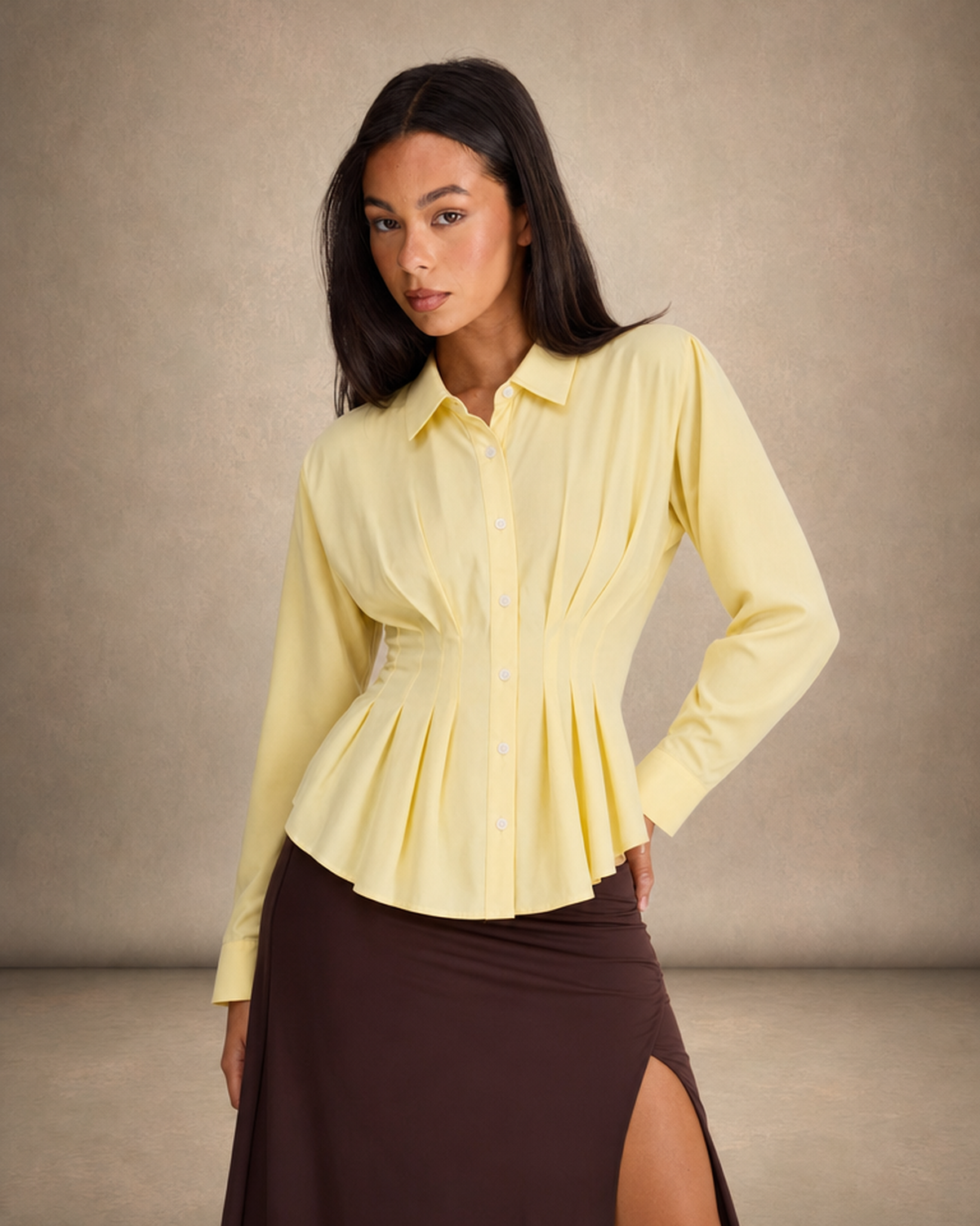 Pleated Peplum Button-Up Top