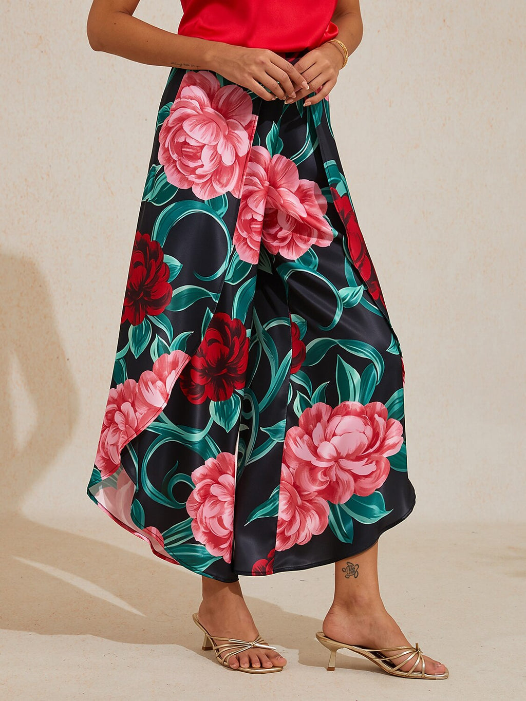Hawaii Palm Satin Wrap Wide-Leg Pants by Aurelia Sun