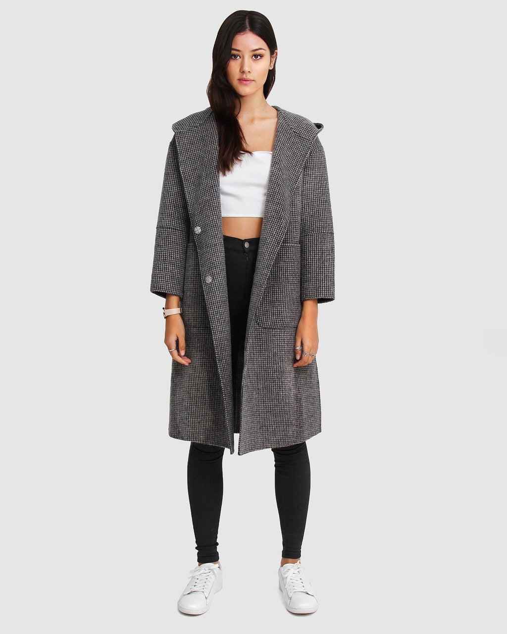 Harlow Hooded Wool Blend Coat – Black & White by Aurelia Sun