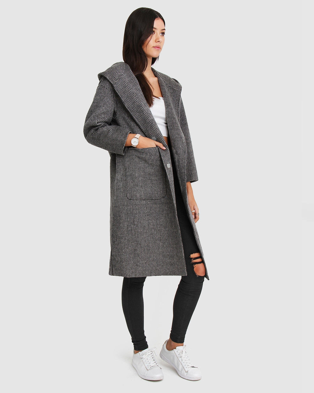 Harlow Hooded Wool Blend Coat – Black & White by Aurelia Sun