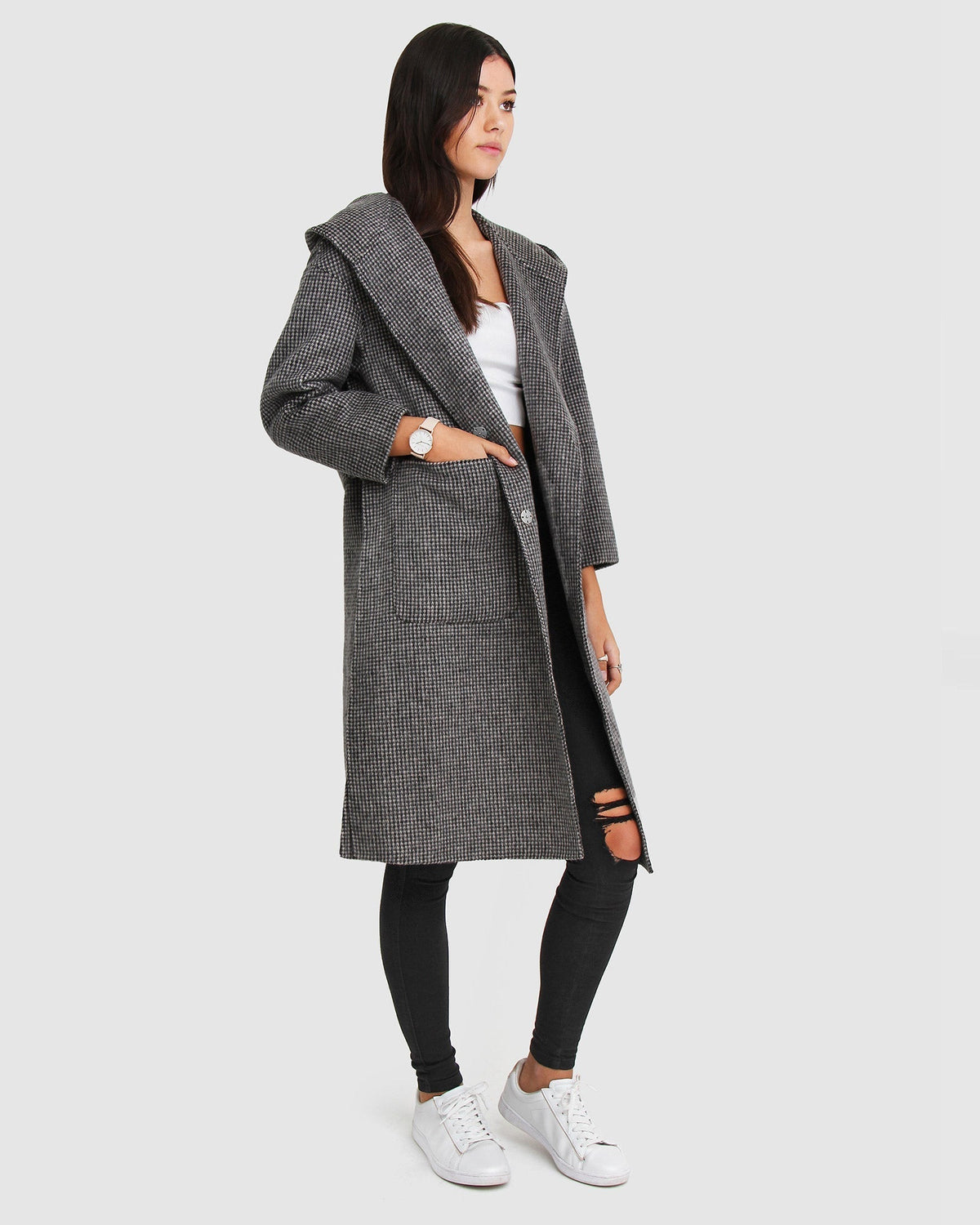 Harlow Hooded Wool Blend Coat – Black & White by Aurelia Sun