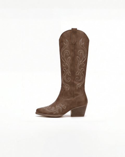 Western Stitch Knee High Heeled Boots - Aurelia Sun