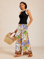 Bell Flower Satin Wide-Leg Pants in Oriental Blue by Aurelia Sun