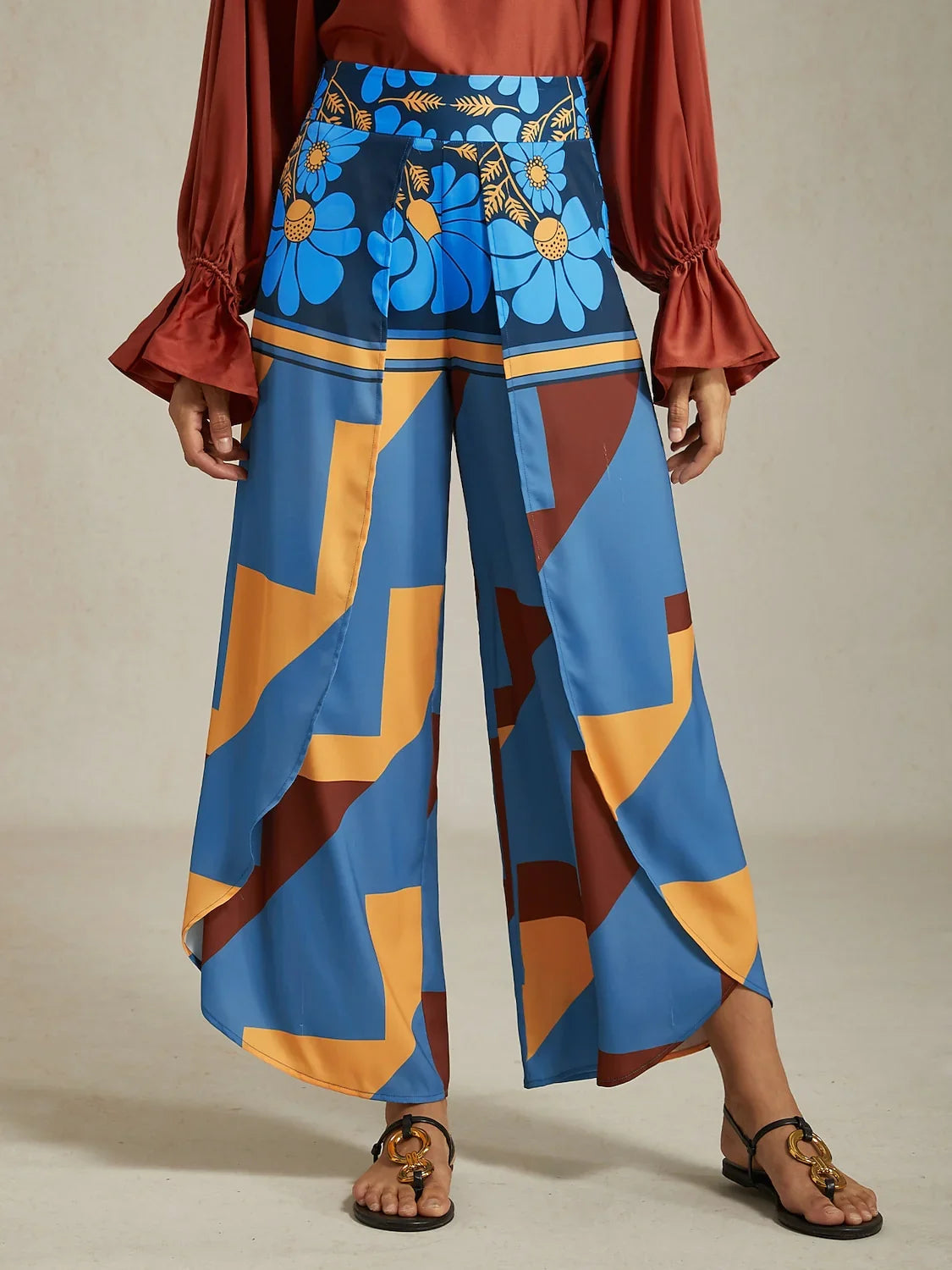Hawaii Palm Satin Wrap Wide-Leg Pants in Blue by Aurelia Sun
