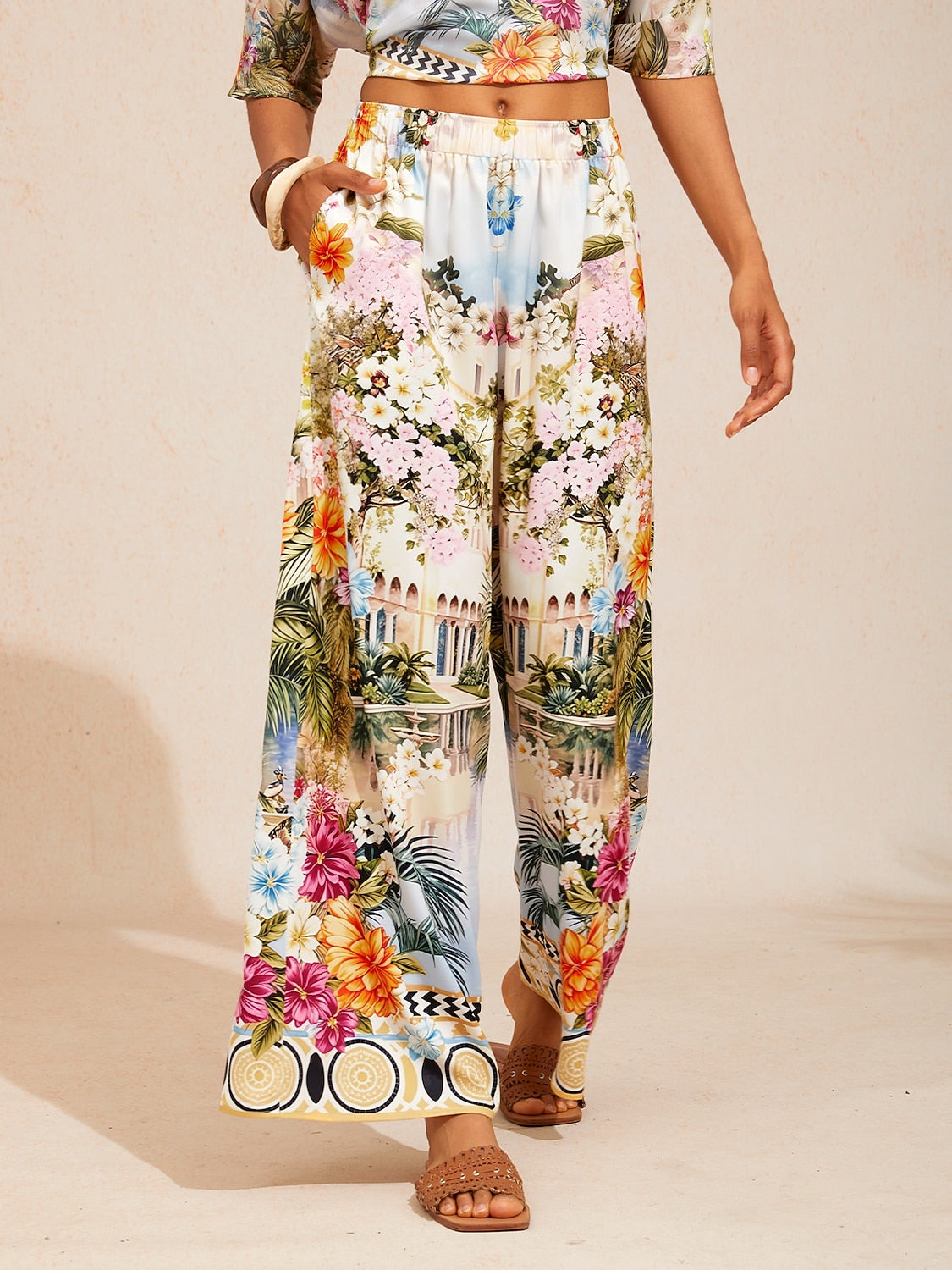 Bell Flower Satin Wide-Leg Pants in Whispy Blue by Aurelia Sun