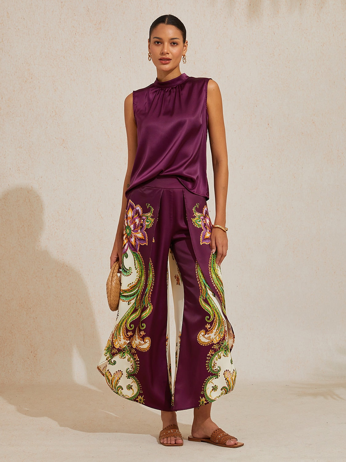 Hawaii Palm Satin Wrap Wide-Leg Pants by Aurelia Sun