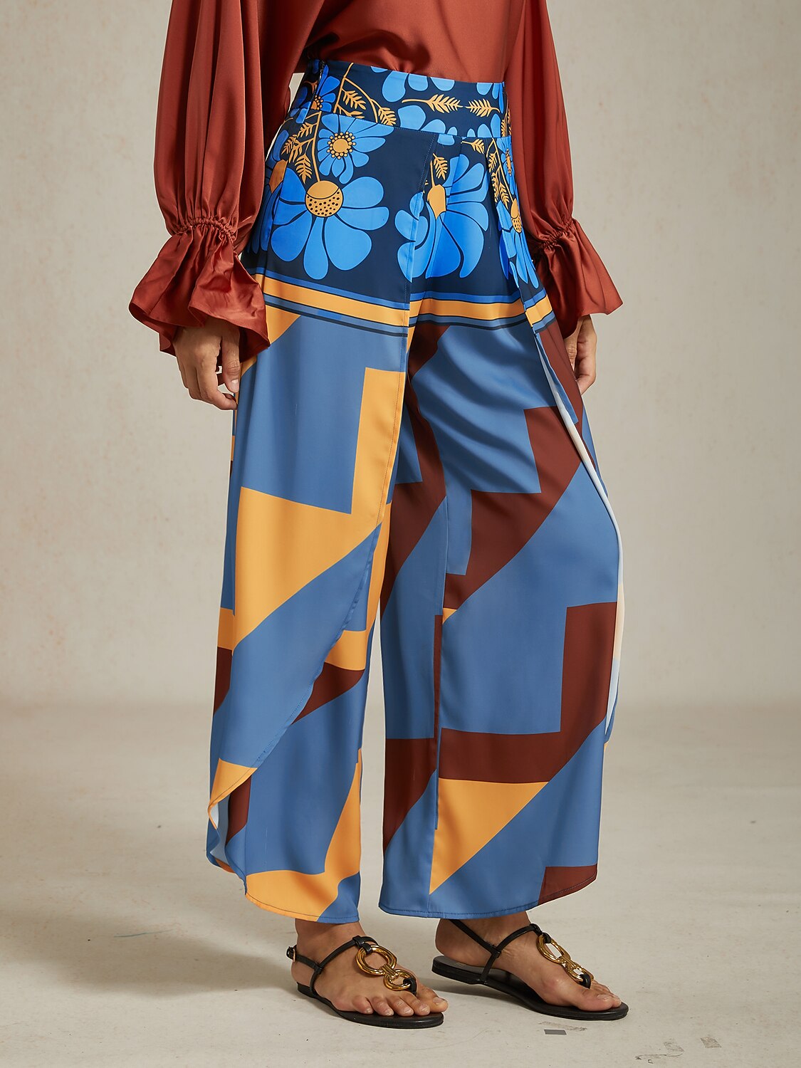 Hawaii Palm Satin Wrap Wide-Leg Pants in Blue by Aurelia Sun