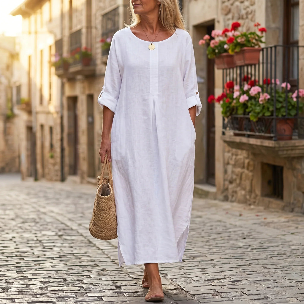 Avery Button Front Linen Blend Maxi Dress in Pure White by Aurelia Sun