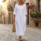 Avery Button Front Linen Blend Maxi Dress in Pure White by Aurelia Sun