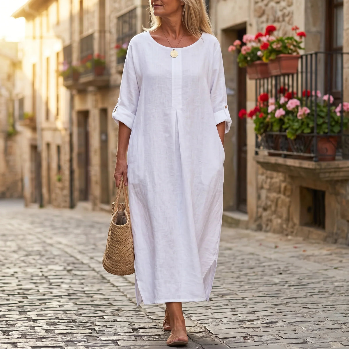Avery Button Front Linen Blend Maxi Dress in Pure White by Aurelia Sun