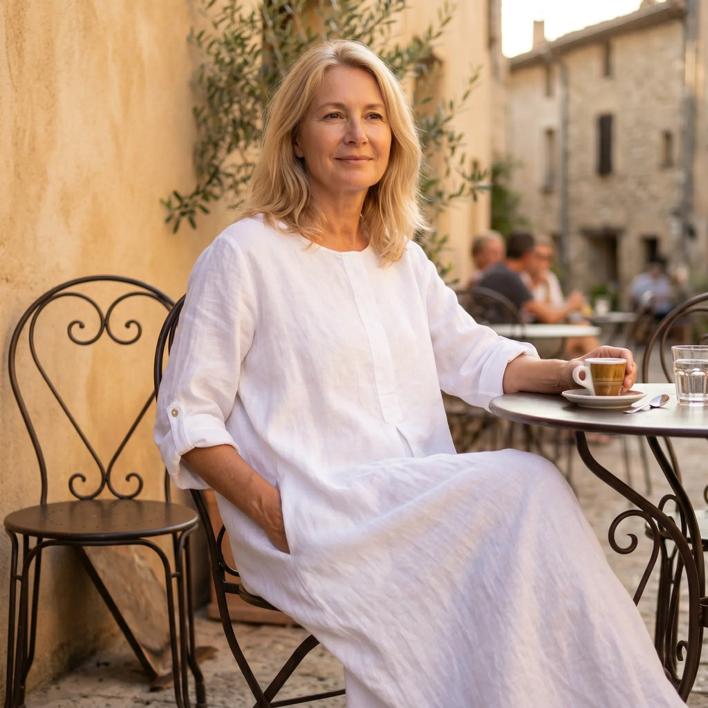 Avery Button Front Linen Blend Maxi Dress in Pure White by Aurelia Sun