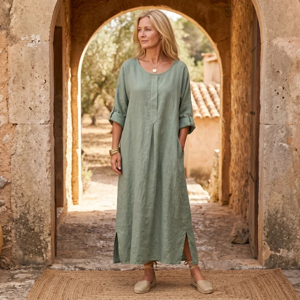 Avery Button Front Linen Blend Maxi Dress in Pure White by Aurelia Sun