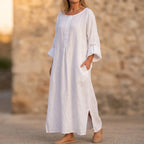 Avery Button Front Linen Blend Maxi Dress in Pure White by Aurelia Sun