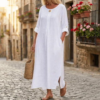 Avery Button Front Linen Blend Maxi Dress