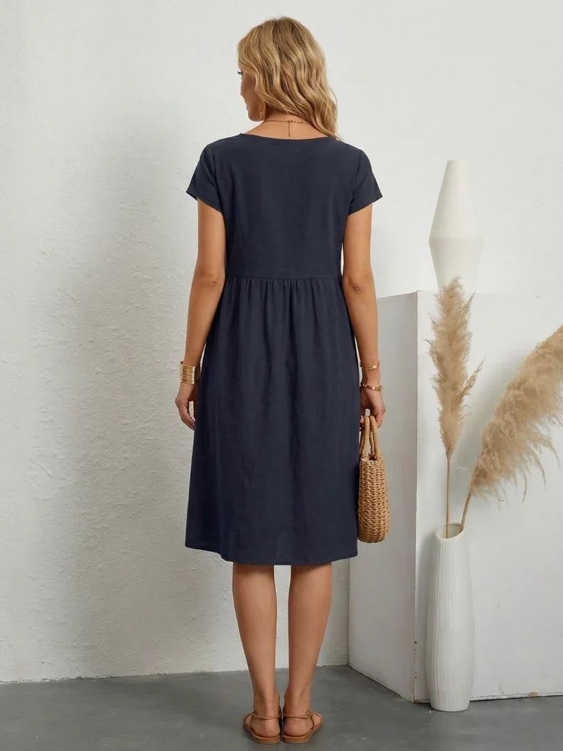 Elise Cotton Linen Midi Dress in Dark Green by Aurelia Sun
