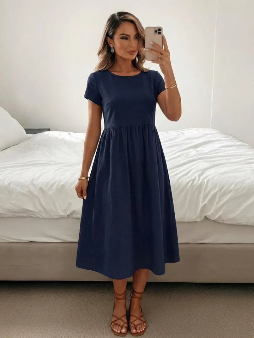 Elise Cotton Linen Midi Dress in Dark Green by Aurelia Sun