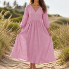 Selene Pleated Linen Blend Maxi Dress in Pink by Aurelia Sun