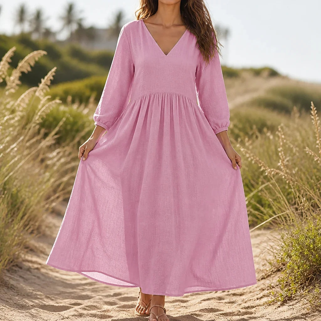 Selene Pleated Linen Blend Maxi Dress in Pink by Aurelia Sun