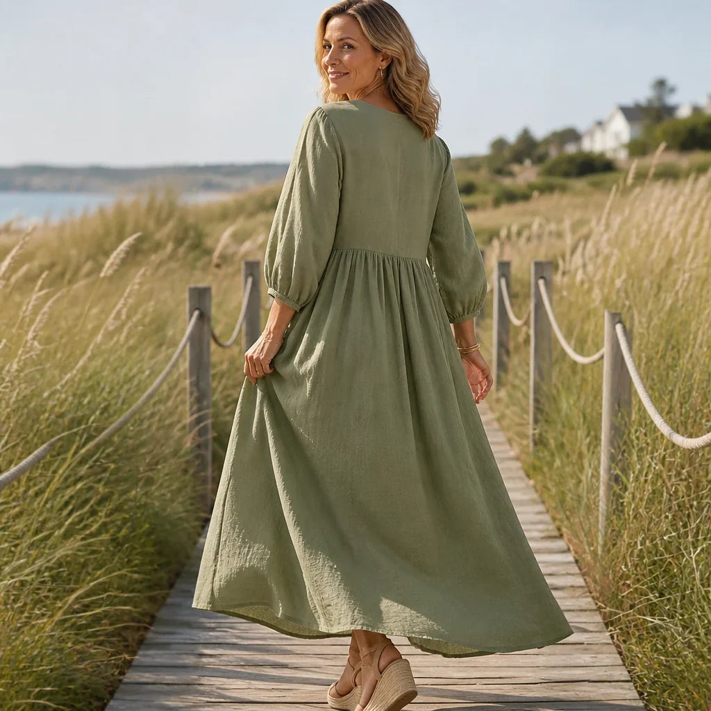 Selene Pleated Linen Blend Maxi Dress in Pink by Aurelia Sun