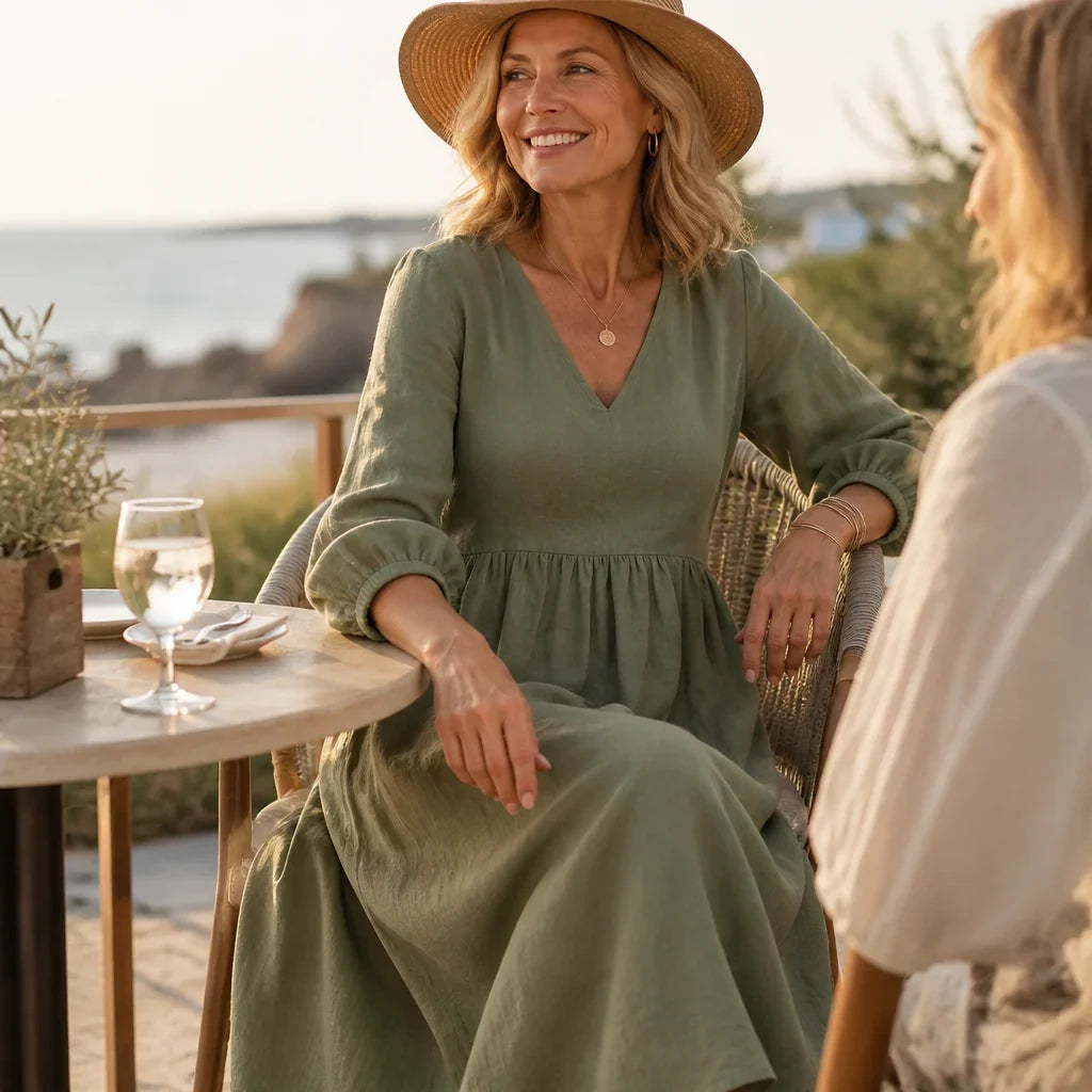 Selene Pleated Linen Blend Maxi Dress in Khaki by Aurelia Sun