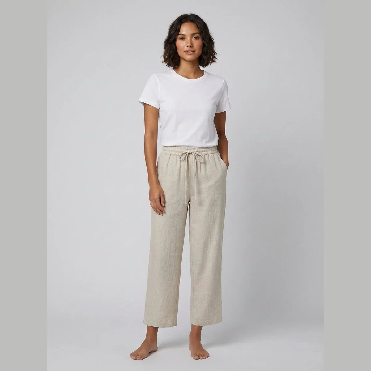 Coastal Cropped Linen Blend Pants in Khaki by Aurelia Sun
