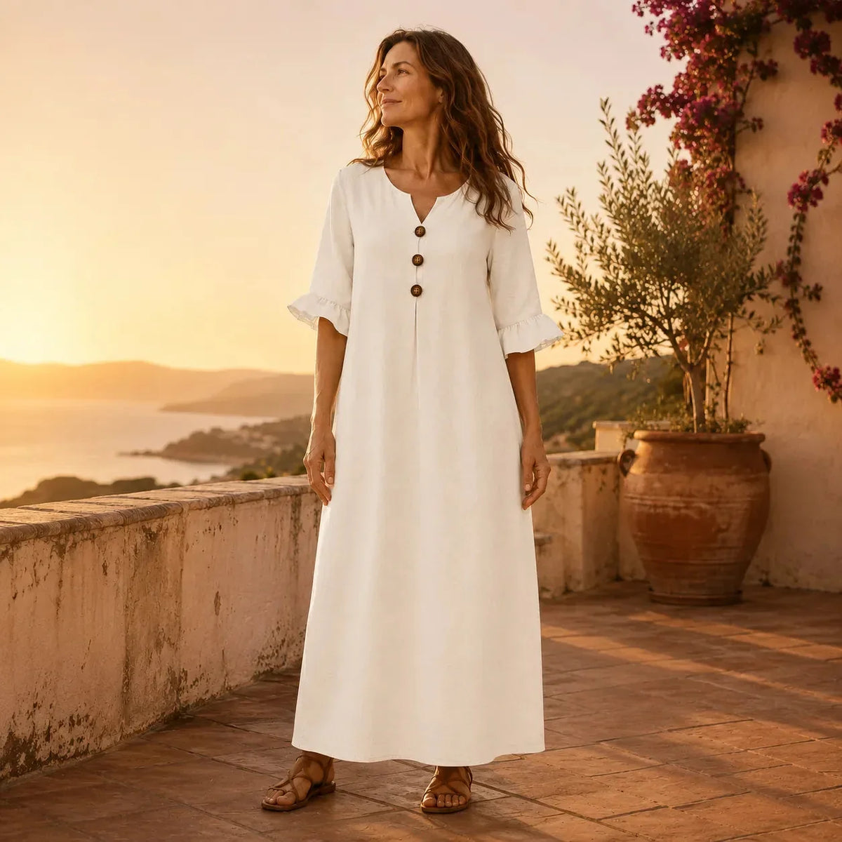Sienna Ruffle Sleeve Linen Look Maxi Dress in White by Aurelia Sun