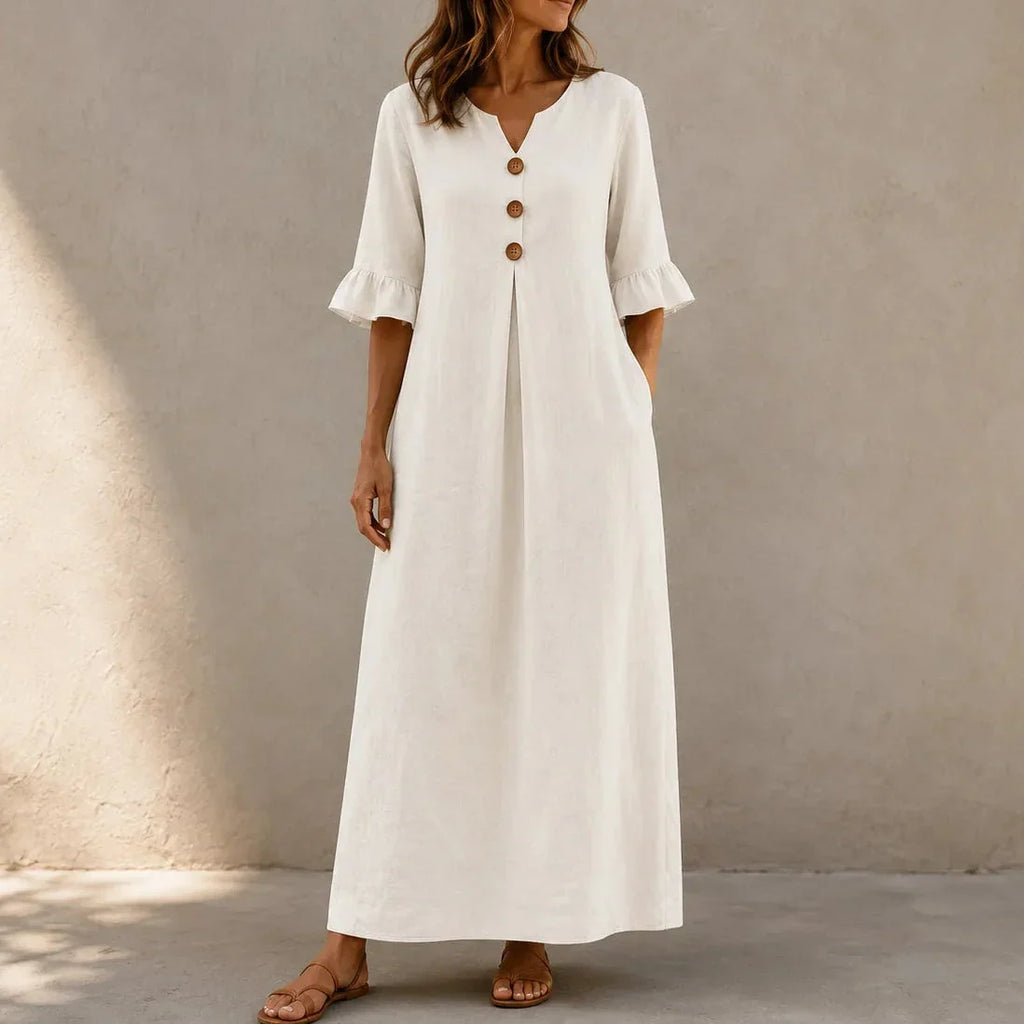 Sienna Ruffle Sleeve Linen Look Maxi Dress in Khaki by Aurelia Sun