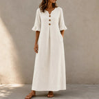 Sienna Ruffle Sleeve Linen Look Maxi Dress in Khaki by Aurelia Sun