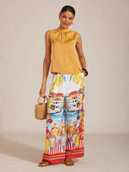 Golden Petal Satin Wide-Leg Pants in Hot Pink by Aurelia Sun