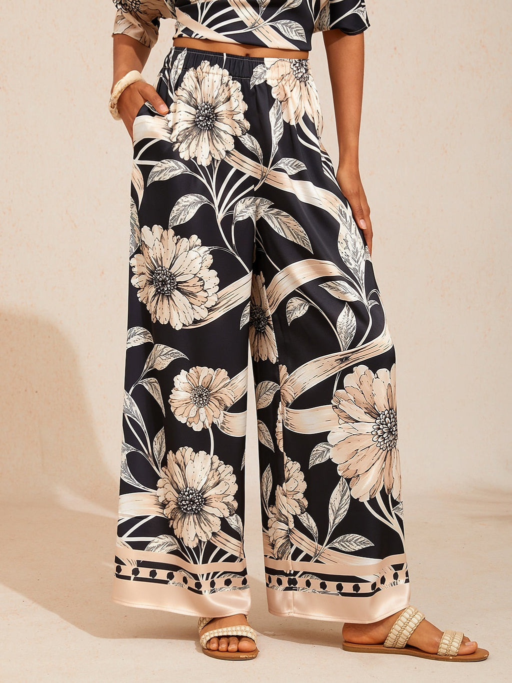 Golden Petal Satin Wide-Leg Pants in Golden Black by Aurelia Sun